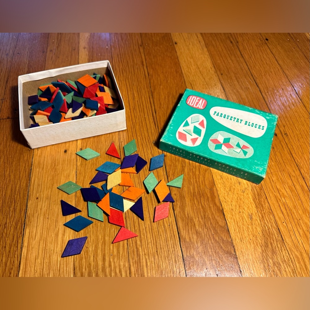 Vintage Ideal Parquetry Blocks - 250 pieces - colored wooden shapes